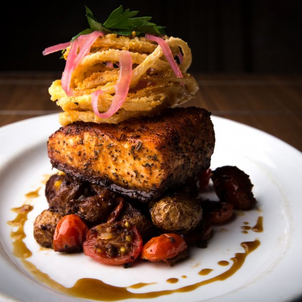 Barbecued Salmon with Andouille and Potato Hash